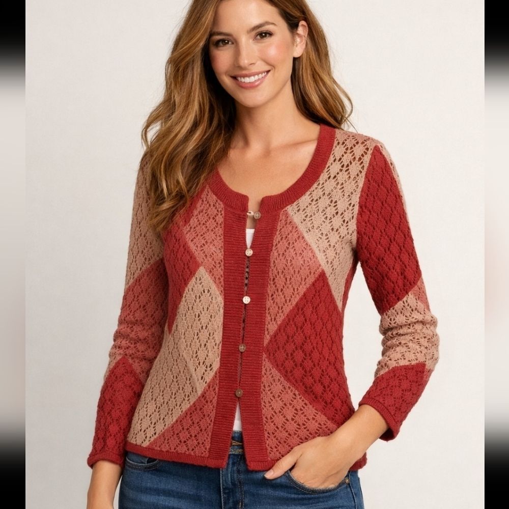J. Jill Linen Blend Cardigan Patchwork Open Knit Sweater XS